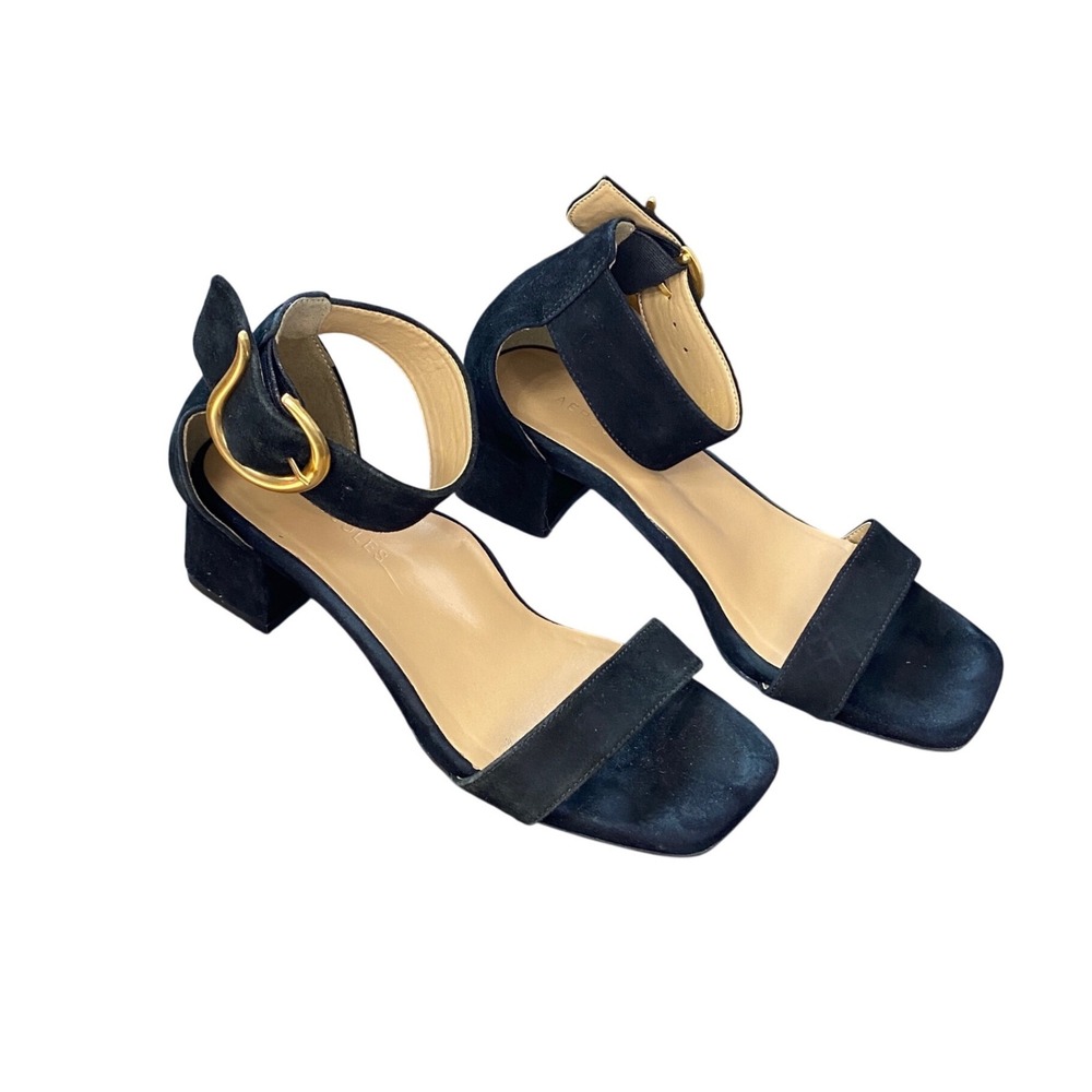 Aerosoles Black Suede Block Heel Sandals Gold Horseshoe Buckle Square‎ Toe 7.5